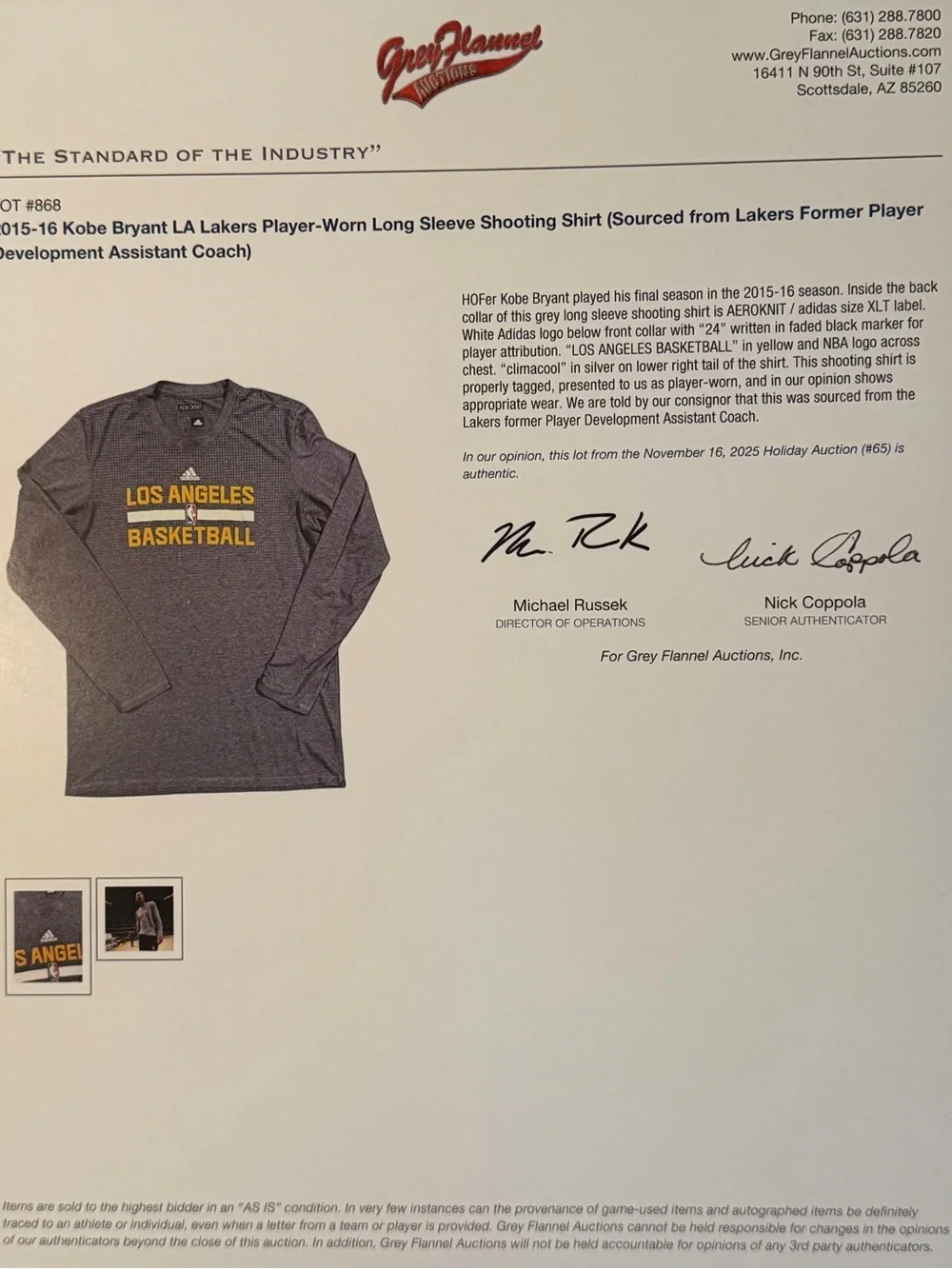 KOBE BRYANT 2015-2016 GAME WORN LONG SLEEVE PREGAME SHIRT FROM ASSISTANT COACH